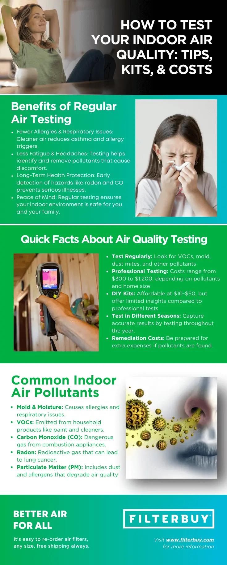 Indoor air quality testing infographic explaining benefits of air testing, common pollutants like mold, VOCs, and carbon monoxide, and costs of DIY and professional air quality test kits.